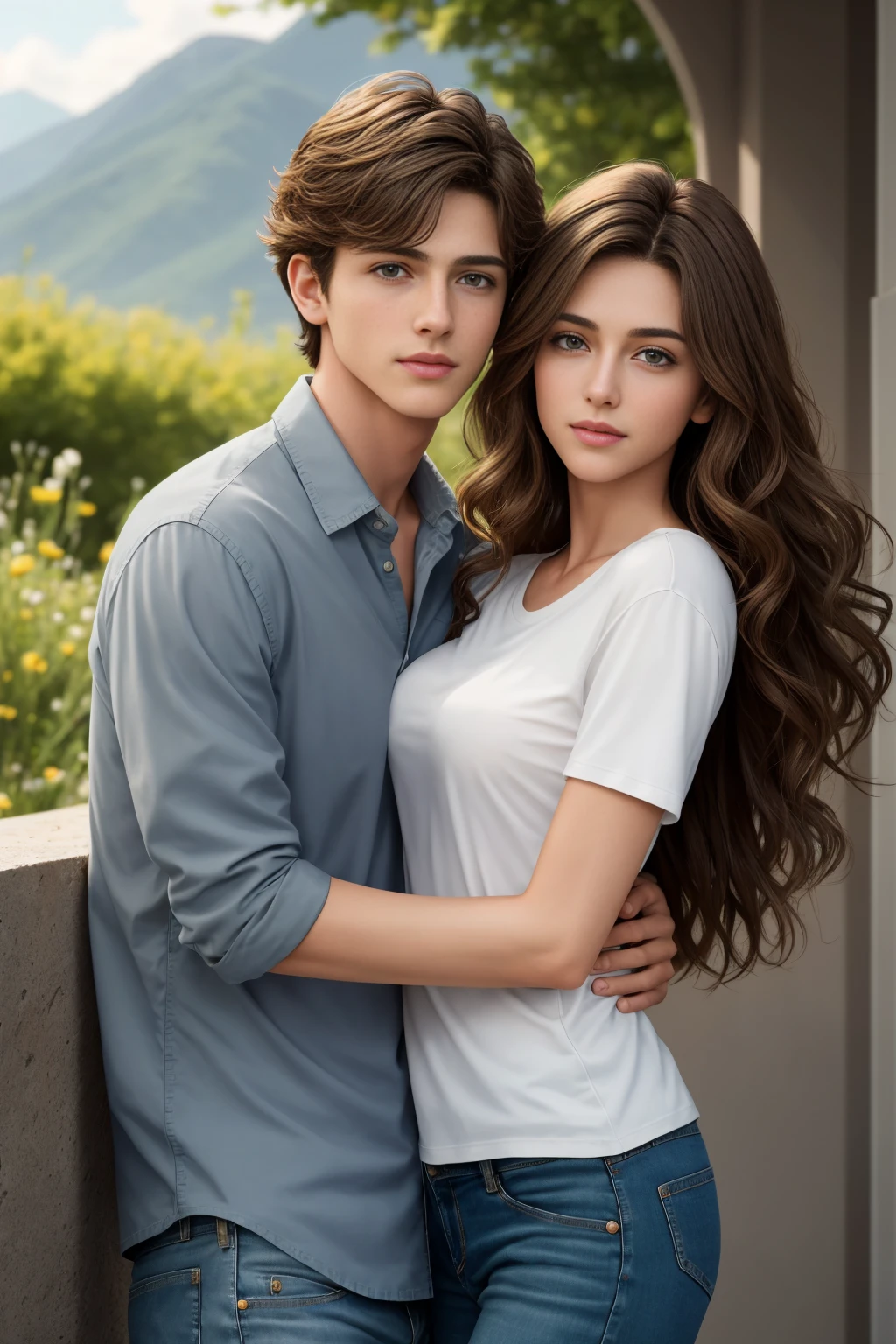 2others, couple, 1boy with 1girl, different heights, different hair colors. Long hazel hair and green eyes girl, AS-Adult girl, long-haired girl, hazel hair girl, wavy-hair girl, small-breasts girl, shirt and short , green eyes girl, curly-haired girl, no bangs girl, symmetrical face. Short brown hair and grey eyes boy, AS-Adult boy, short-haired boy, brown hair boy, amazing physicality boy, shirt and jeans boy, grey eyes boy, wavy-hair, totally-clean-shave. The couple has Symmetrical, smooth, clean shave focus, illustration, realistic, artstation, award winning photography, octane render, cinematic lighting from the right, hyper realism, octane render, 8k, depth of field, 3D, 1boy with 1girl. The couple is hugged. The couple is into a lavander field. Background montains.