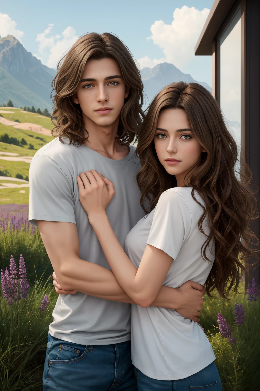 2others, couple, 1boy with 1girl, different heights, different hair colors. Long hazel hair and green eyes girl, AS-Adult girl, long-haired girl, hazel hair girl, wavy-hair girl, small-breasts girl, shirt and short , green eyes girl, curly-haired girl, no bangs girl, symmetrical face. Short brown hair and grey eyes boy, AS-Adult boy, short-haired boy, brown hair boy, amazing physicality boy, shirt and jeans boy, grey eyes boy, wavy-hair, totally-clean-shave. The couple has Symmetrical, smooth, clean shave focus, illustration, realistic, artstation, award winning photography, octane render, cinematic lighting from the right, hyper realism, octane render, 8k, depth of field, 3D, 1boy with 1girl. The couple is hugged. The couple is into a lavander field. Background montains.