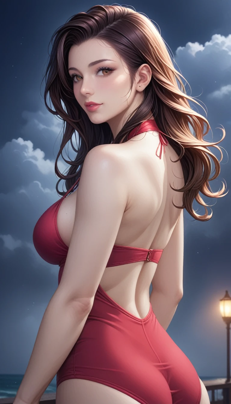 score_9, score_8_superior, score_7_superior, High-resolution CG illustration,A masterpiece in 32K resolution,Highest quality,it is really amazing,Very detailed,Ultra-high resolution,Ultra-realistic,Realistic,Increased depth of field,Cinematic lighting,
Sexy mature Japan woman,
Straight long hair with black hair,Ultra-detailed and beautiful face,Calm and gentle look,Beautiful brown eyes,Translucent white skin,Realistic skin texture,Great proportions,
Elegant red swimsuit,
Simple design,Chic color scheme based on red,Detailed fabric texture,
(Dark overcast sky on a dull night:1.1),(Dark clouds filling the sky:1.1),Thundercloud,Coastline at night,Stormy seas,delay々A desolate sandy beach that continues,
Beautiful back view,Cinematic,