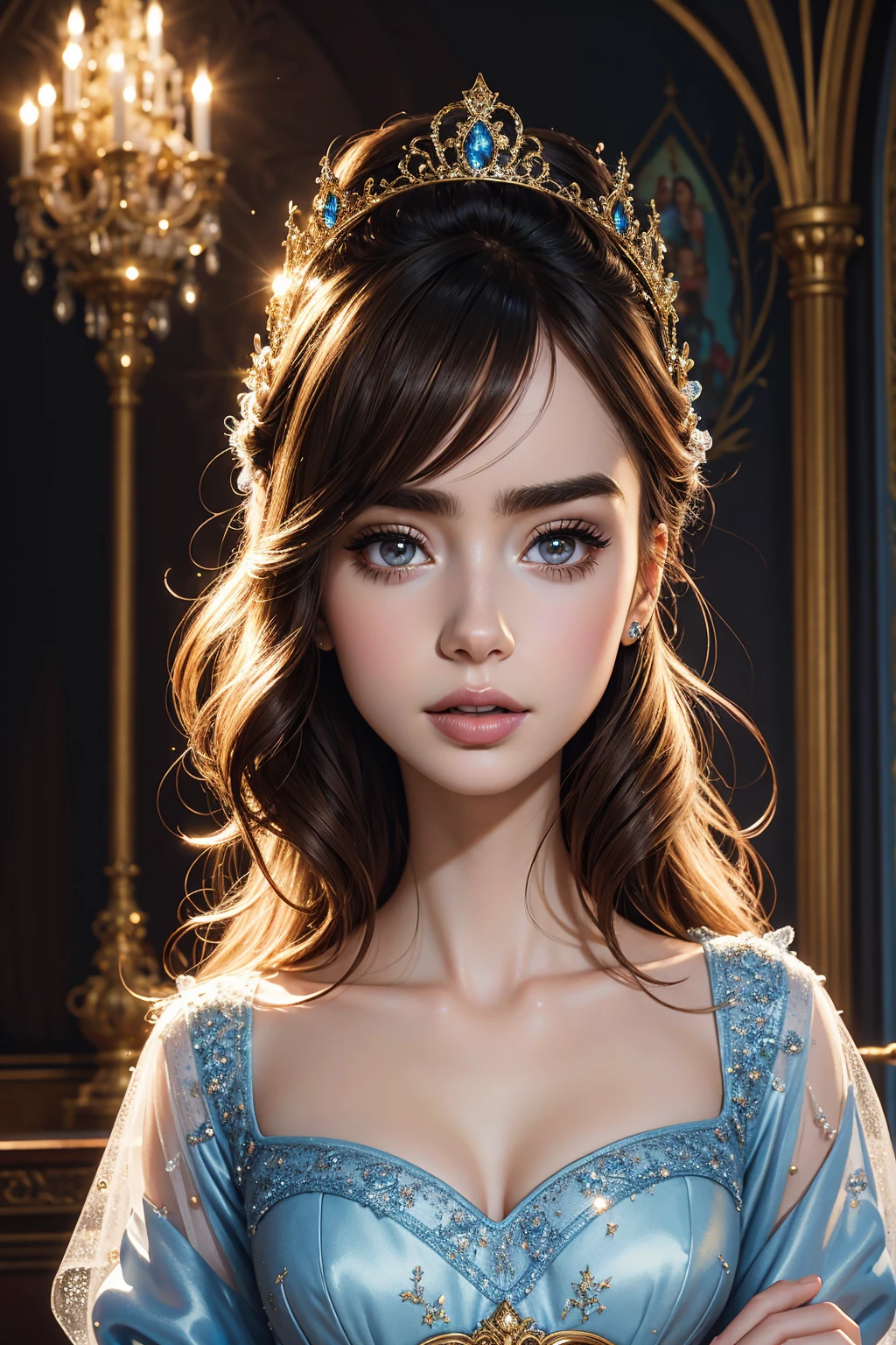 portrait Lily Collins, wearing Cinderella costume, against the background of the Disney castle, character portrait, 6 9 9 0 s, wavy hair, intricate, elegant, highly detailed, digital painting, artstation, concept art, smooth, sharp focus, illustration, art by wlop, charlie bowater and alexandra fomina, 36k, glittering, shining, correct anatomy