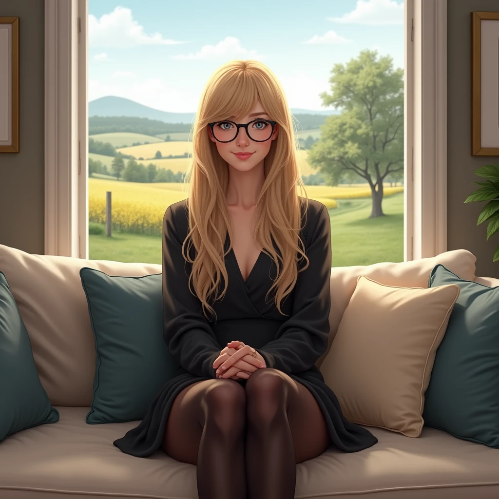 Un portrait plein-pied réaliste d'une jeune femme avec des longs cheveux blonds, assise sur un canapé dans un salon à la décoration moderne. Elle porte des lunettes. Elle porte une robe noire courte et des collants noirs. Elle sourit. Elle a les jambes croisées. Derrière elle, il y a une fenêtre qui donne sur un paysage campagnard.