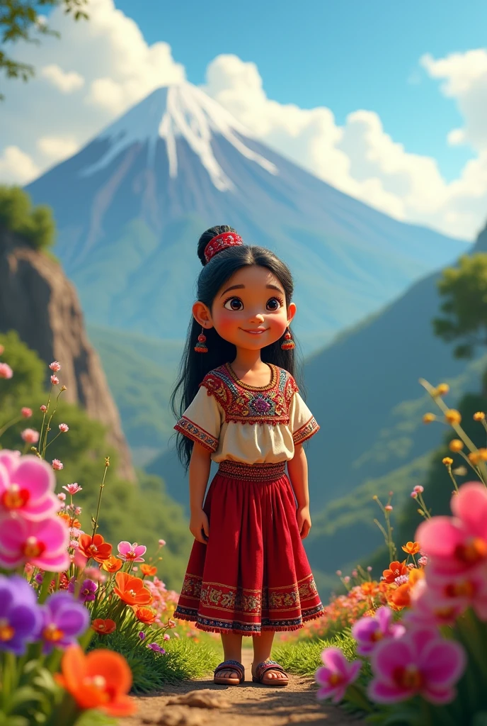 Animation of a girl, dressed in traditional Guatemalan costume, with a background that has volcanoes, orchids (HORIZONTAL IMAGE)