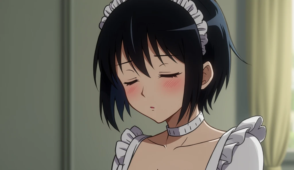 A maid with short black hair always has her eyes closed. She's a little shy. She'll show me her , nipples and pussy.