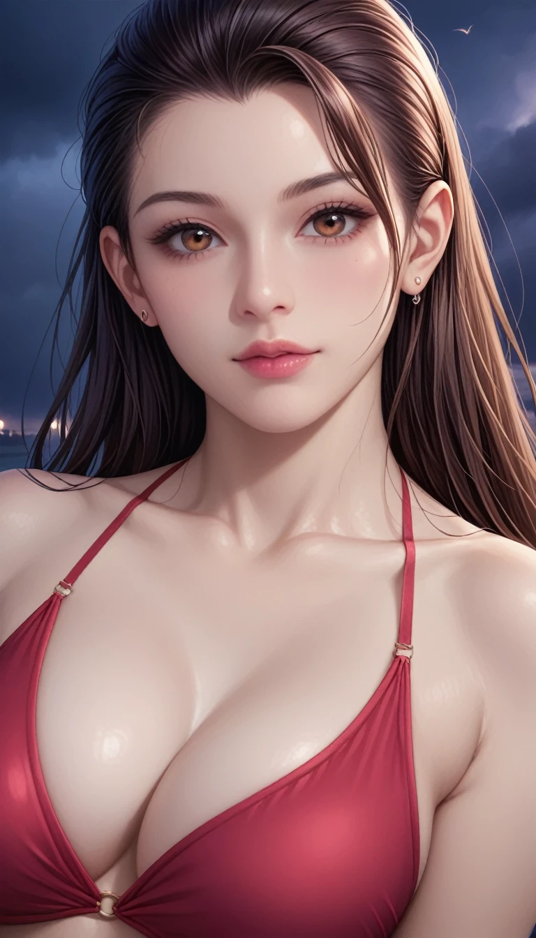 score_9, score_8_superior, score_7_superior, High-resolution CG illustration,A masterpiece in 32K resolution,Highest quality,it is really amazing,Very detailed,Ultra-high resolution,Ultra-realistic,Realistic,Increased depth of field,Cinematic lighting,
Sexy mature Japan woman,
Straight long hair with black hair,Ultra-detailed and beautiful face,Calm and gentle look,Beautiful brown eyes,Translucent white skin,Realistic skin texture,Great proportions,
Elegant red swimsuit,
Simple design,Chic color scheme based on red,Detailed fabric texture,
(Dark overcast sky on a dull night:1.1),(Dark clouds filling the sky:1.1),Thundercloud,Coastline at night,Stormy seas,delay々A desolate sandy beach that continues,
Beautiful back view,Cinematic,