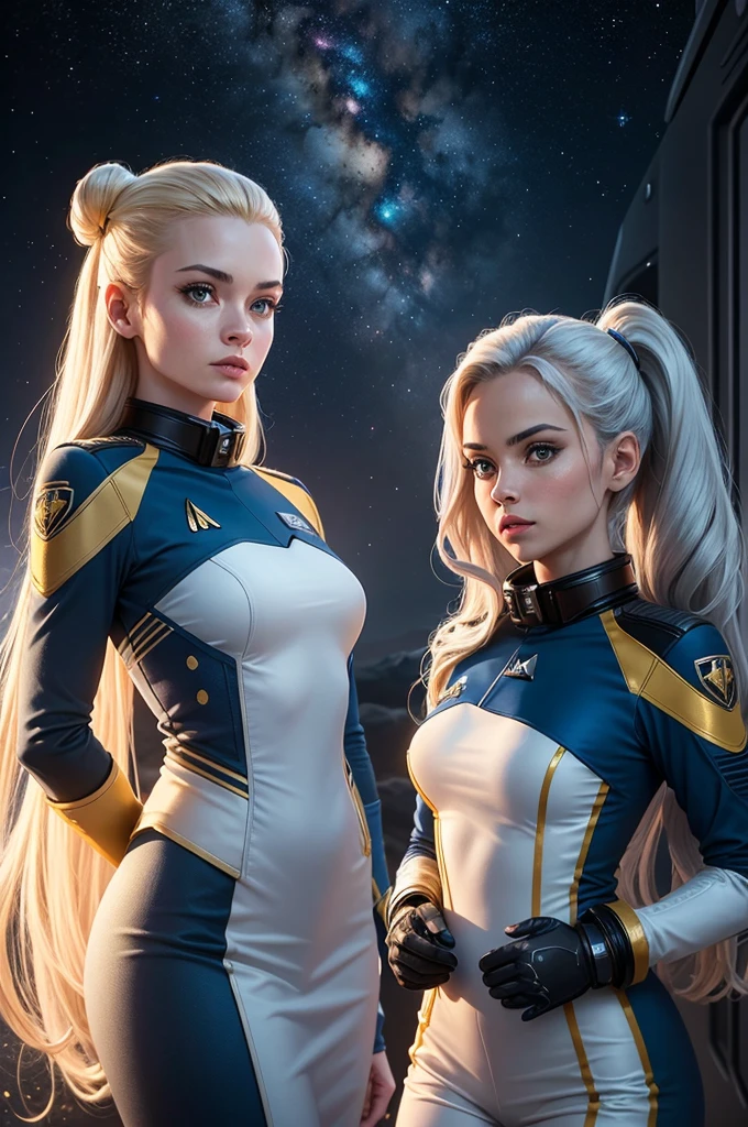 Create a unique uniform for a team of space explorers similar to the uniforms from the franchise "star"trek" using golden colors, silver and blue