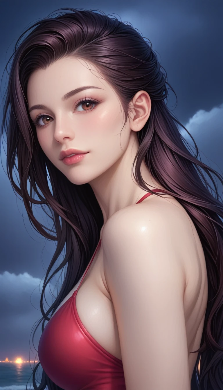 score_9, score_8_superior, score_7_superior, High-resolution CG illustration,A masterpiece in 32K resolution,Highest quality,it is really amazing,Very detailed,Ultra-high resolution,Ultra-realistic,Realistic,Increased depth of field,Cinematic lighting,
Sexy mature Japan woman,
Straight long hair with black hair,Ultra-detailed and beautiful face,Calm and gentle look,Beautiful brown eyes,Translucent white skin,Realistic skin texture,Great proportions,
Elegant red swimsuit,
Simple design,Chic color scheme based on red,Detailed fabric texture,
(Dark overcast sky on a dull night:1.1),(Dark clouds filling the sky:1.1),Thundercloud,Coastline at night,Stormy seas,delay々A desolate sandy beach that continues,
Beautiful back view,Cinematic,