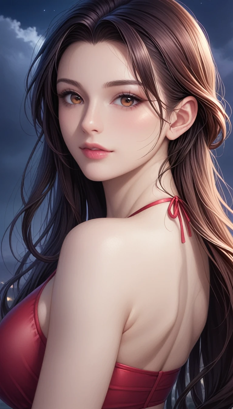 score_9, score_8_superior, score_7_superior, High-resolution CG illustration,A masterpiece in 32K resolution,Highest quality,it is really amazing,Very detailed,Ultra-high resolution,Ultra-realistic,Realistic,Increased depth of field,Cinematic lighting,
Sexy mature Japan woman,
Straight long hair with black hair,Ultra-detailed and beautiful face,Calm and gentle look,Beautiful brown eyes,Translucent white skin,Realistic skin texture,Great proportions,
Elegant red swimsuit,
Simple design,Chic color scheme based on red,Detailed fabric texture,
(Dark overcast sky on a dull night:1.1),(Dark clouds filling the sky:1.1),Thundercloud,Coastline at night,Stormy seas,delay々A desolate sandy beach that continues,
Beautiful back view,Cinematic,