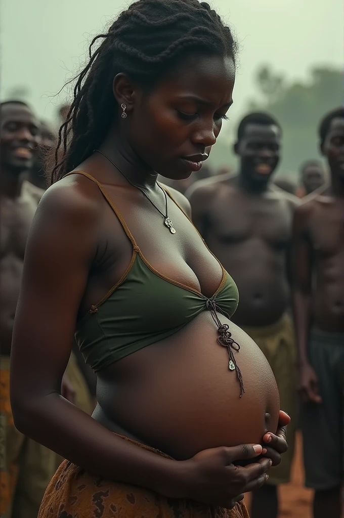 An African woman impregnated by whole village, crying impregnated woman and hand on big belly, behind image from a distance of laughter of men villagers 