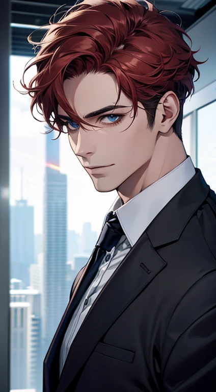 (best quality,4k,8k,highres,masterpiece:1.2),ultra-detailed,(realistic,photorealistic,photo-realistic:1.37),1 man,31 years old,mature man,very handsome,without expression,smile,short grey red hair,blue eyes,penetrating gaze,perfect face without errors,imposing posture,businessman,office background,cinematic lighting,hdr image