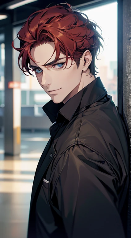 (best quality,4k,8k,highres,masterpiece:1.2),ultra-detailed,(realistic,photorealistic,photo-realistic:1.37),1 man,31 years old,mature man,very handsome,without expression,smile,short grey red hair,blue eyes,penetrating gaze,perfect face without errors,imposing posture,businessman,office background,cinematic lighting,hdr image