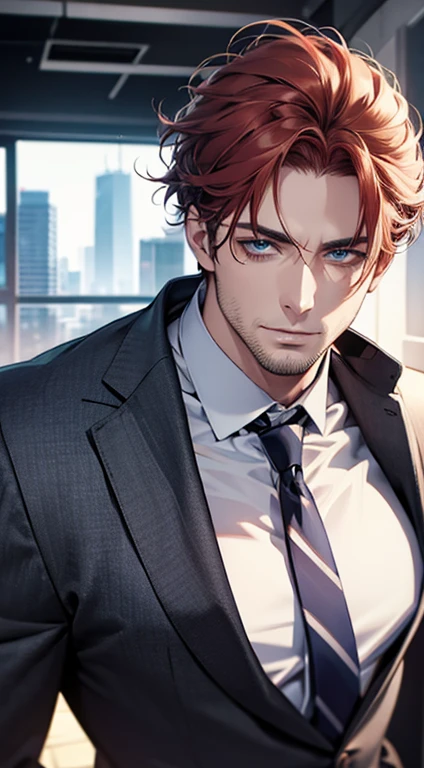 (best quality,4k,8k,highres,masterpiece:1.2),ultra-detailed,(realistic,photorealistic,photo-realistic:1.37),1 man,31 years old,mature man,very handsome,without expression,smile,short grey red hair,blue eyes,penetrating gaze,perfect face without errors,imposing posture,businessman,office background,cinematic lighting,hdr image
