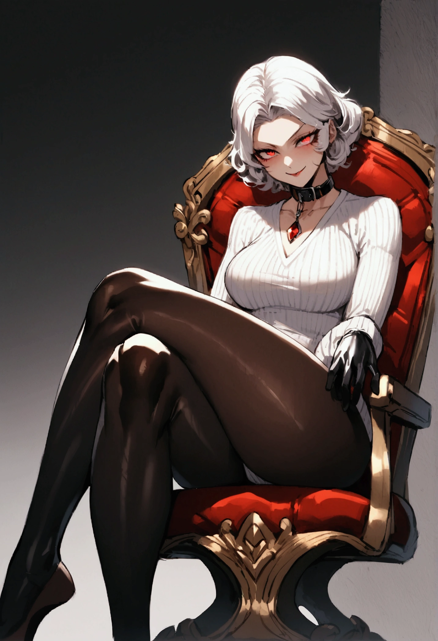 fully body,sitting on a chair,crossed legs, alone,short hair,work of art,face detailed,young fitness linda,Wearing black pantyhose,tight white sweater with collar ,neckleace,evil smile,red eyes glowing,labiaa,eye shadow,bangs on the eyes,,sexy ass,Perfect Anatomia,closed fists,black gloves
