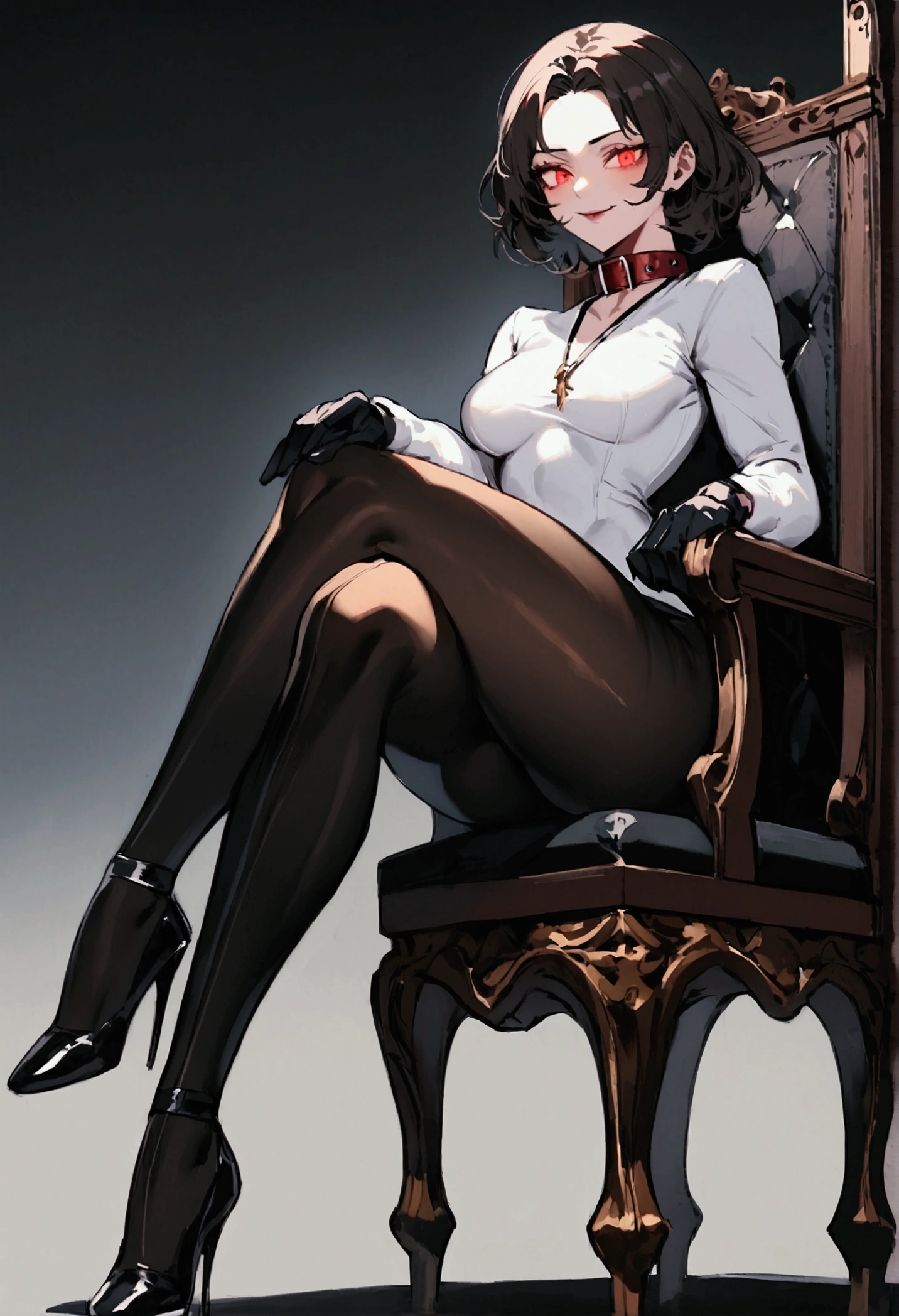 fully body,sitting on a chair,crossed legs, alone,short hair,work of art,face detailed,young fitness linda,Wearing black pantyhose,tight white sweater with collar ,neckleace,evil smile,red eyes glowing,labiaa,eye shadow,bangs on the eyes,,sexy ass,Perfect Anatomia,closed fists,black gloves
