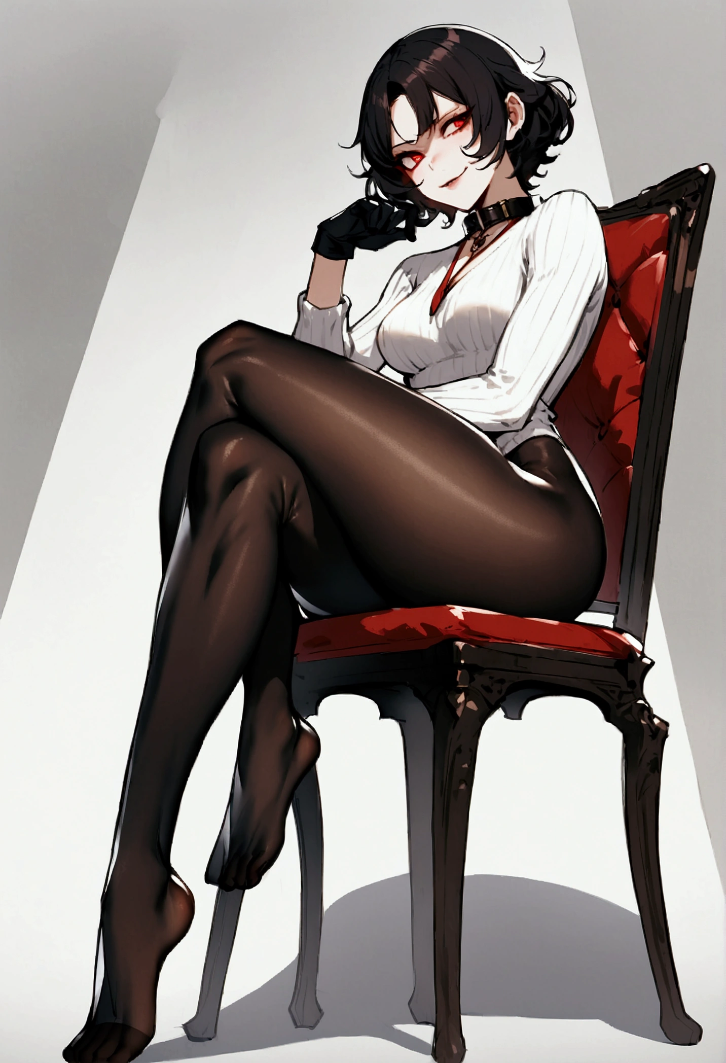 fully body,sitting on a chair,crossed legs, alone,short hair,work of art,face detailed,young fitness linda,Wearing black pantyhose,tight white sweater with collar ,neckleace,evil smile,red eyes glowing,labiaa,eye shadow,bangs on the eyes,,sexy ass,Perfect Anatomia,closed fists,black gloves
