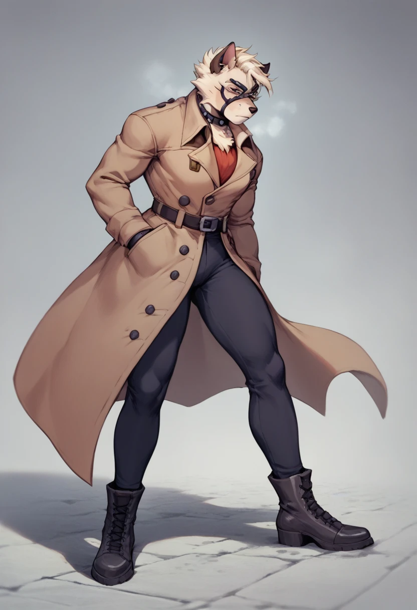 a anthropomorphic dog furry yellow detective buff,muscular wearing a detective outfit,brown trench-coat,scars,thick,30’s style. He’s androgynous, a sensual ,cool expression,full body.The scene has a cold,mysterious,Blacksad style and a vibrant tone.Diesel punk city setting in the background.