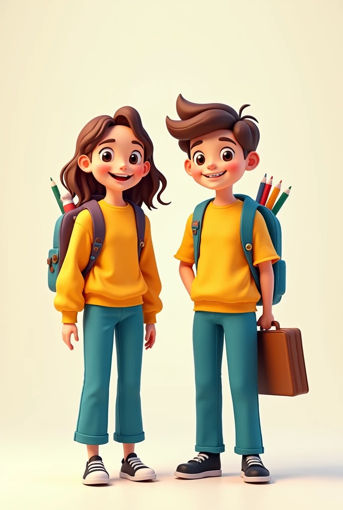 Image of an animated girl and boy without background, dressed in a student uniform of yellow t-shirt and sweatshirt long blue turquoise pants, with black shoes completely with a briefcase on and school supplies back to school
