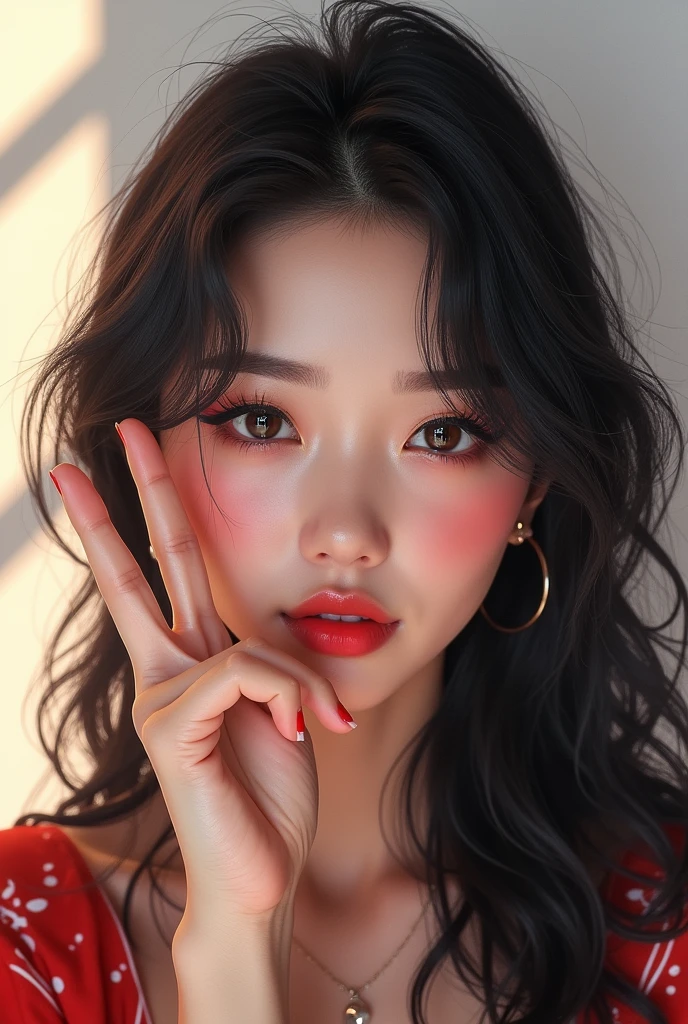 Asian girl that looks like karina from aespa posing with a peace sign wearing egirl makeup realistic