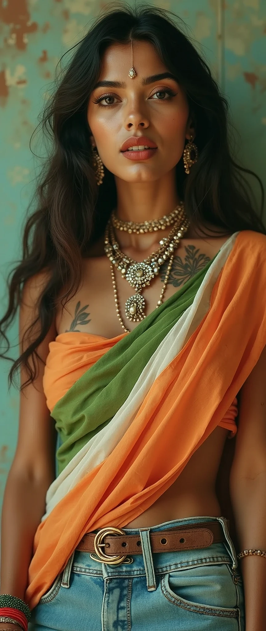 70s setting, grainy analog film, ultra-detailed, glamour artwork, close-up, provocative look, india woman in sexy flared jeans, playful look, traditional accessories, abstract, orange white green layers, vivid, detailed sari, traditional makeup, teasing, traditional tattoo