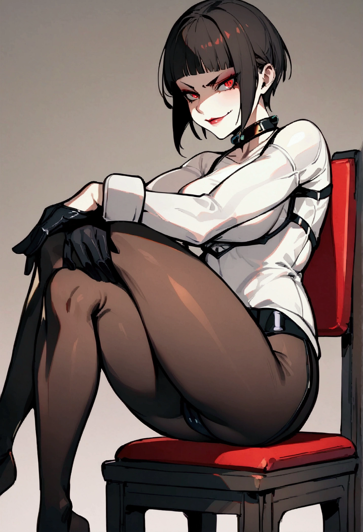 fully body,sitting on a chair,crossed legs, alone,short hair,work of art,face detailed,young fitness linda,Wearing black pantyhose,tight white sweater with collar ,neckleace,evil smile,red eyes glowing,labiaa,eye shadow,bangs on the eyes,,sexy ass,Perfect Anatomia,closed fists,black gloves
