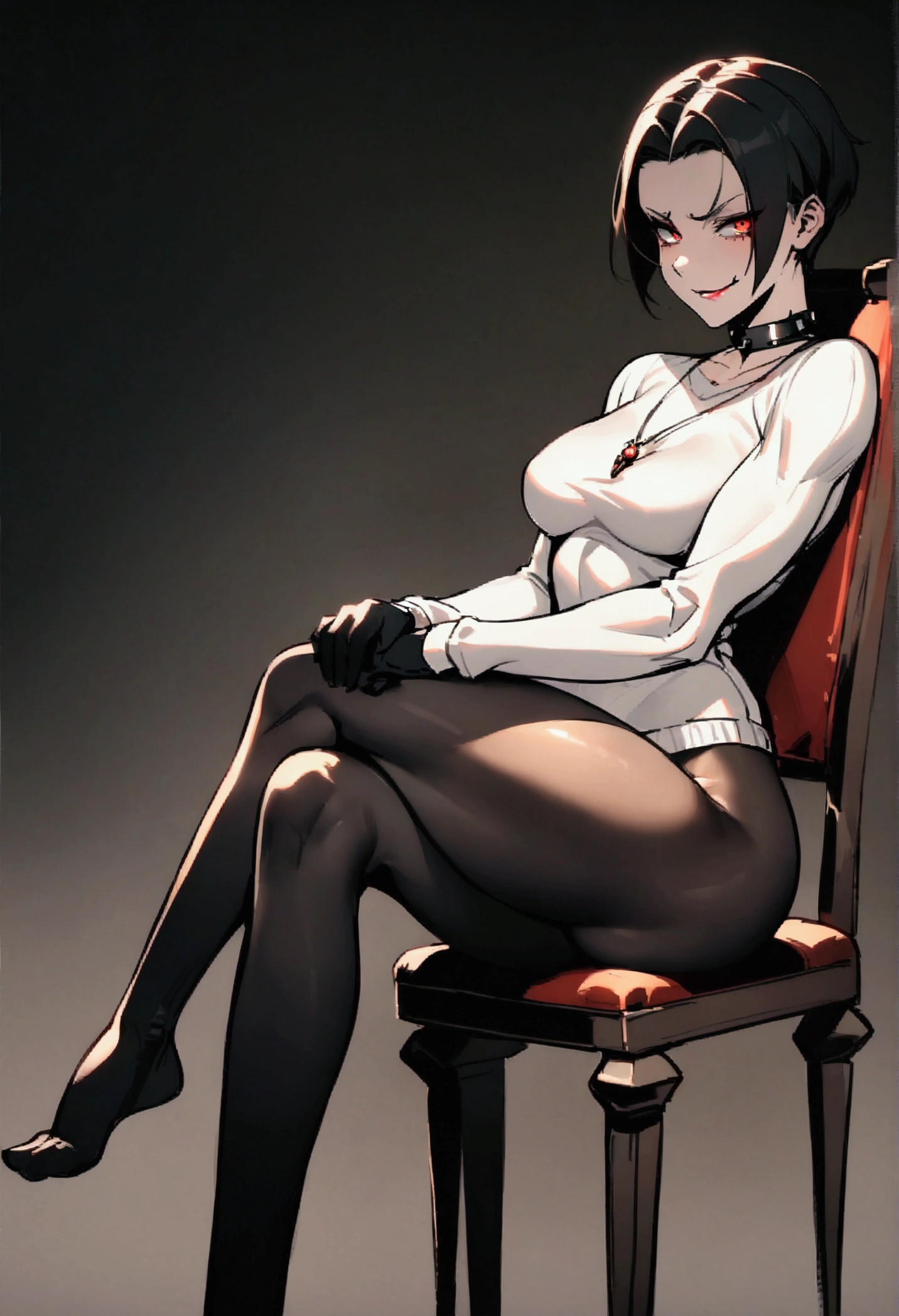 solo, 1 girl sitting, black short hair, blunt bangs, sidelocks, large perky breasts, BREAK, white tight-fit blouse, short black high-waist skirt, black thighhighs