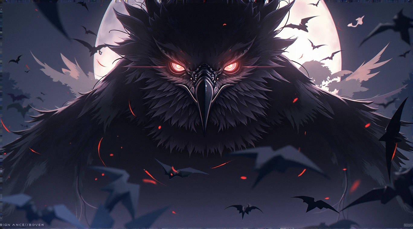 Monstrous crow, glowing eyes, intimidating stare, looking at viewer, forest background, ultra high definition, masterpiece, highly detailed,