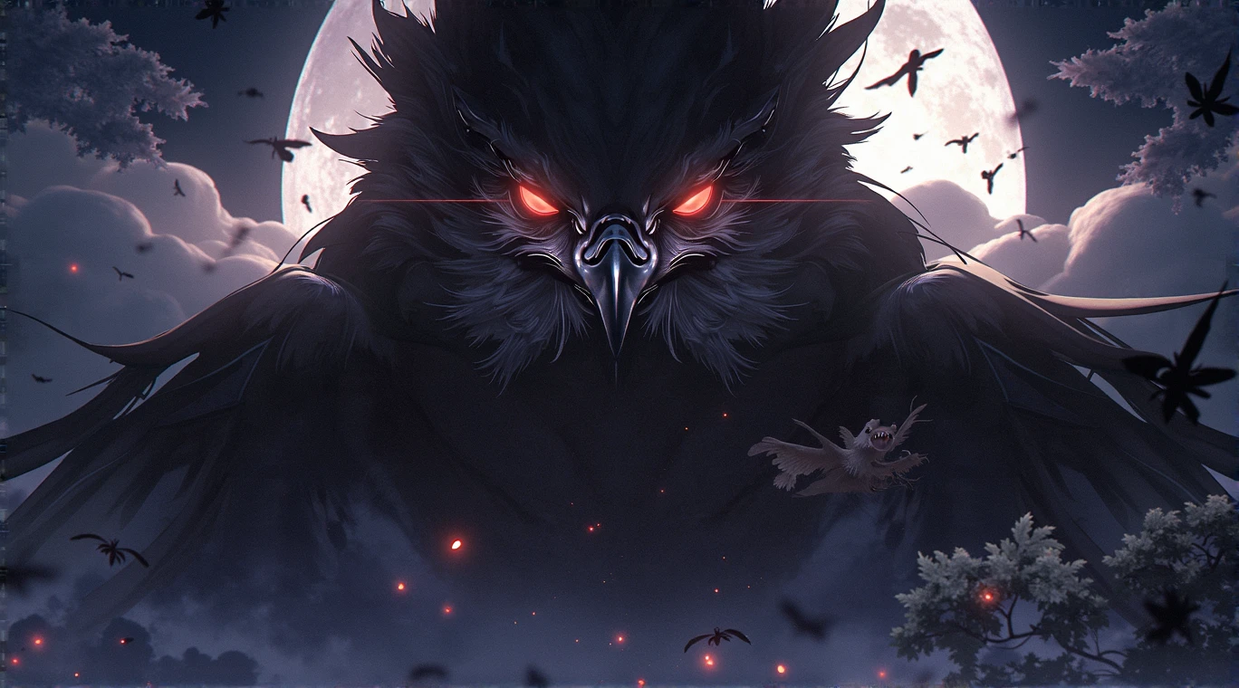 Monstrous crow, glowing eyes, intimidating stare, looking at viewer, forest background, ultra high definition, masterpiece, highly detailed,