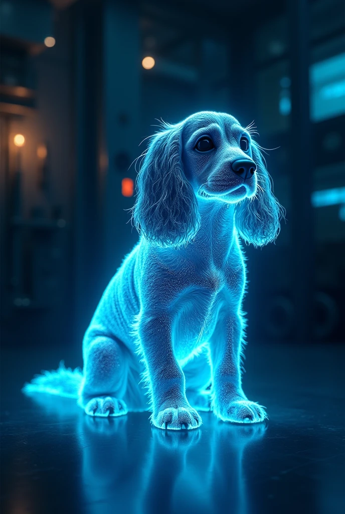 hologram собаки, hologram, indigo, blue light, cyberpunk, a dark room, Cocker Spaniel 