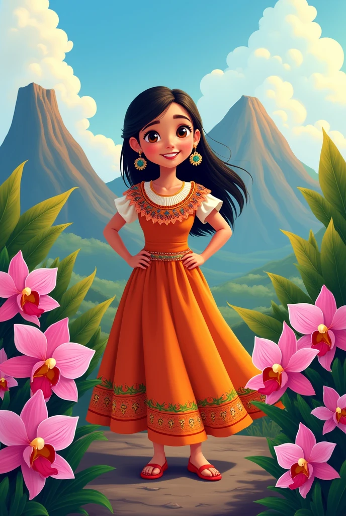 Animation of a girl, dressed in traditional Guatemalan costume, with a background that has volcanoes and orchids, proud of her country
