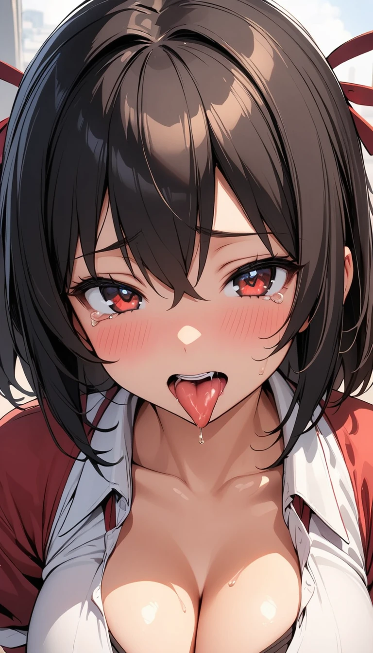 (1girl, shameimaru aya, Touhou), beautiful detailed eyes, red eyes, half-closed eyes, (tareme), (opened big mouth, licking, Sticky tongue), nsfw, (close-up mouth), (curvy, Slender),(cleavage), from above, Highest quality, Super detailed, masterpiece, Ultra-high resolution, 8k, Embarrassing, blush, Lovely, (With tears in my eyes), Sticky saliva