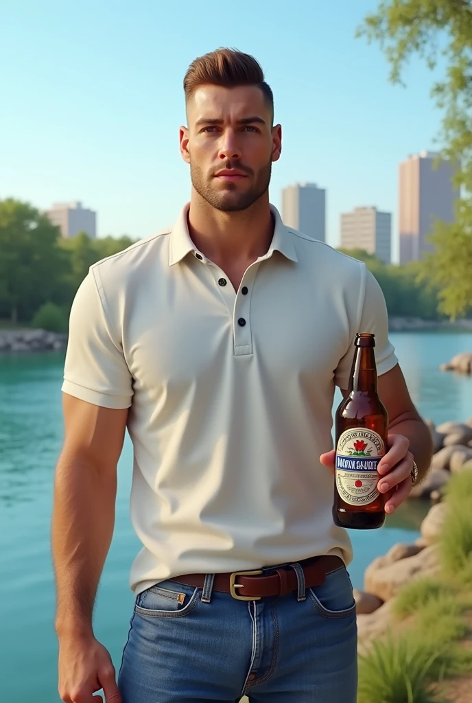 Handsome man crew cut hair, wearing white polo and blue jeans, holding beer, river and city on the background, blue sky in the morning