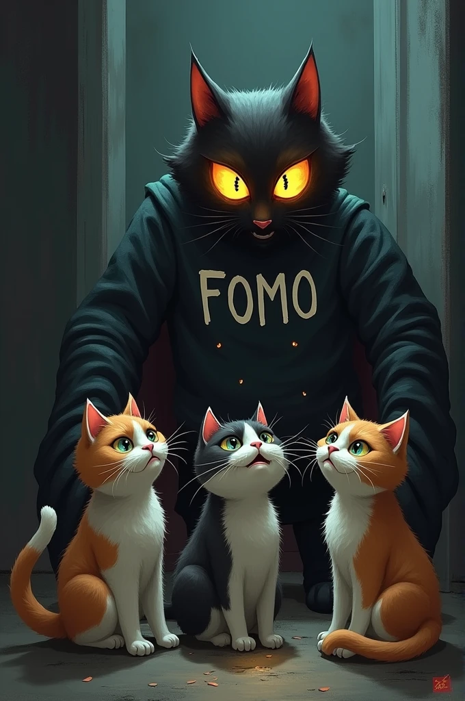 3 chats qui on peur. Il y a un vampire qui a des yeux avec le signe $ et qui porte un pull FOMO