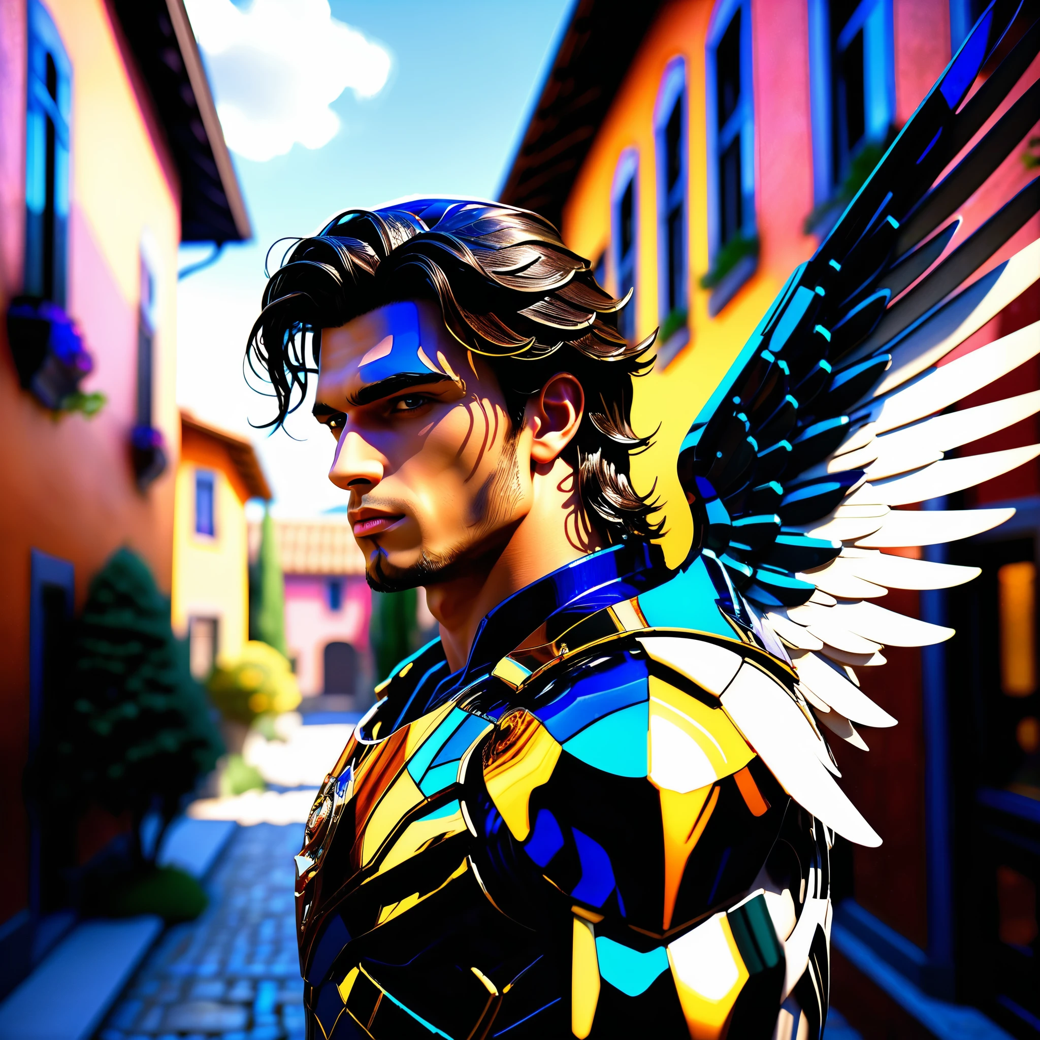 A unparalleled brunette man, 1.76 tall, black hair, dark eyes, tapered nose, athletic body, light scar on his hand, on a cobblestone road, houses with apparent bricks in shades of white, blue and yellow, on a sunny day, With richness of detail and main focus on man, Arafed a ((stained glass art image:1.5)) stained-glass windows, of a (cyberpunk mech male angel: 1.2) standing in at the street at natta near his carro esportivo, natta, an exquisite beautiful cyberpunk male angel, teenager, long hair brown 1.3)), (lilac angelic wings: 1.2), spread angelic wings, halo over head,, (work of art: 1.5), Vibrant, ultra-high resolution, hight contrast, work of art:1.2, highest quallity, better aesthetics), best details, best qualityer, high resolution, Ultra Wide Angle, 16K, [ultra detaild], work of art, best qualityer, (extremely detaild), mechanical creatures, intense gaze, stained-glass windows, hdr, , very detailed and sharp, insane professional photorealistic, skin delicate, perfect lighting, dramatic composition, elegant pose, stunning background, insane cinematic atmosphere, ((back view)), ((full body)), magnificent scene, detailed environment, highly detailed environment deep path Equirectangular garden nature, insane (((insane UnrealEngine5,top Masterpiece,ultra highdef, insane Professional Photorealistic,optimal ultra sharp-focus,max,ultra high-quality,opengl-shaders,symmetrical,ultra high-details,accurate reflex,ultra highres, perfection volumetric,Cinematic_Sunlight,improved Octane_render,XT3,DSLR,3dcg shadow, analogiques, extatiques, high saturate, reflection))),dazzling Will-o'-the-wisp,global luminescence, --v 6 --s 1000 --c 20 --q 500 --chaos 100