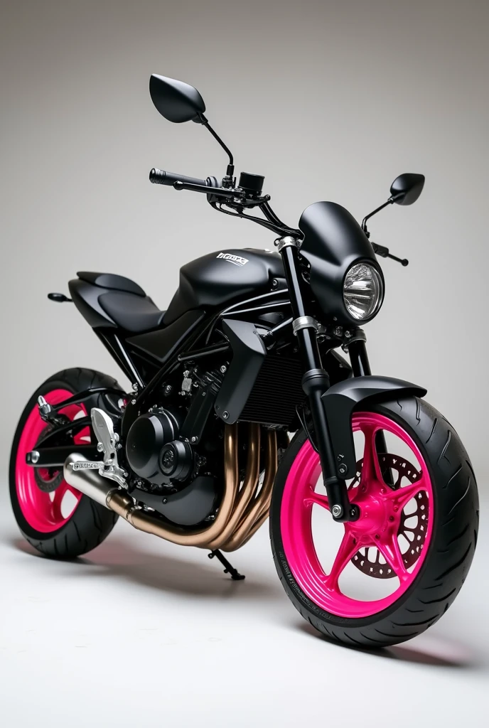 A matte black Honda CB650f with pink rims and yellow tires