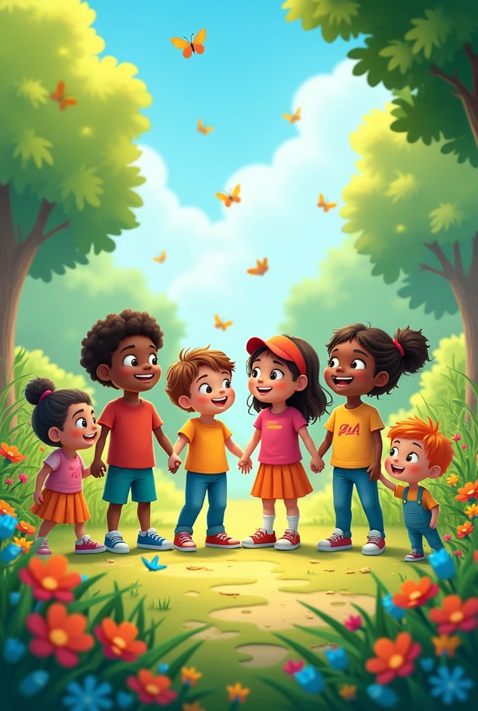 (Cartoon) A group of diverse children is gathered in a lush, green park. Around them are various vibrantcolors.cheerful and engaging, inviting young readers to join the children in exploring the colorful world around them.