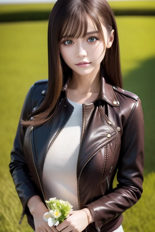 masterpiece, best quality, ultra-detailed, gradation, green meadow, a cute girl, solo, leather jacket, beautiful light brown hair, beautiful purple eyes, beautiful eyes, flower bouquet, latex
