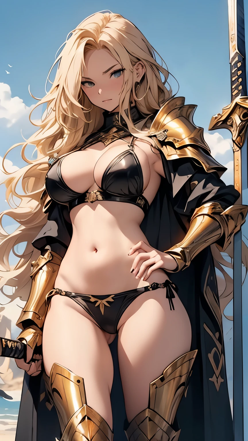 long wavy golden hair、Sleepy look、Embarrassing、Black Metallic Brazilian Bikini、Female Knight、Huge breasts、Under Riddell Ver Armor、Absolute area、Camel toe、belly button、Browsing Caution、Shooting from below、sword、Golden Armor、NSFW、Bitch、Slut、Prostitute