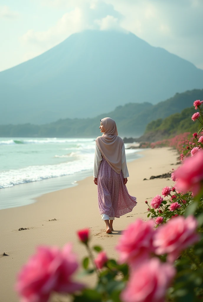 a 17 year old woman wearing a hijab gracefully, walking on a very beautiful beach, with various roses, some roses blooming on the beach, the texture of the roses looks original, Indonesian mountain background, 4k photography, connection, evokes joy, beach view, amazing photo quality, 1024×1024