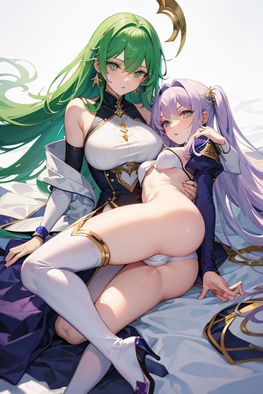 (girl1),(woman1),(slender body),(structured),(hot),(mature and sexual body),(big ass), (mature and sexual body),(slim body),(physical attributes such as breasts and big ass), (anime), (white skin color), (with long green hair),(green eyes),(an 18 year old woman, with white socks),(wearing),+,(and a dress sexy, dressed in a heroine costume consisting of a white sleeveless jumpsuit with purple details and a yellow crescent moon on her chest. She also wears purple high boots, white spiked gloves and metal plates on her waist and feet, look. the size of her breasts, they are size AA+)