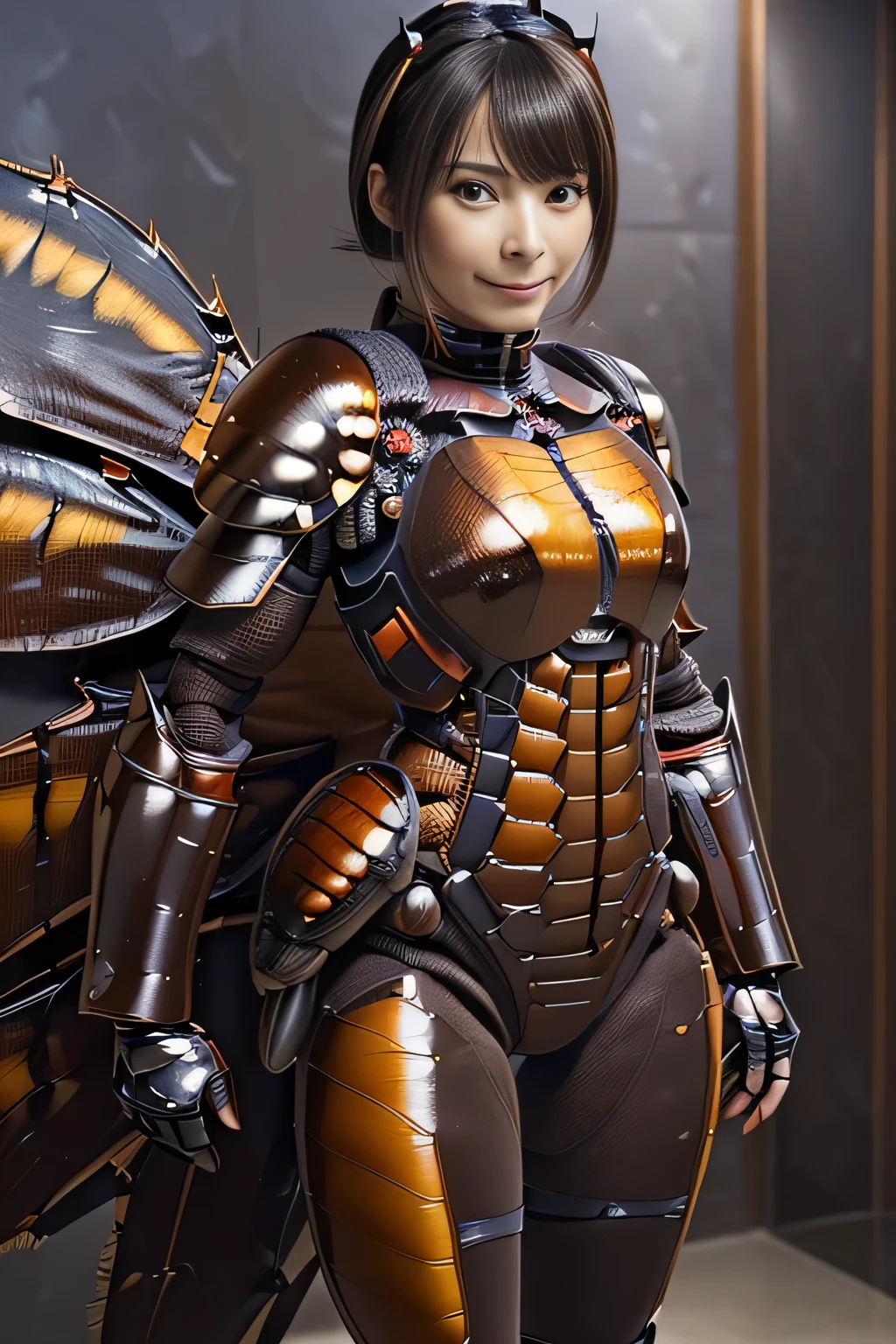 (high resolution,masterpiece,best quality,extremely detailed CG, anime, official art:1.4), realistic, photo, amazing fine details, all intricate, gloss and shiny,awesome many layers, 8k wall paper, 3d, sketch, kawaii, illustration,( solo:1.4), perfect female proportion,villainess, (fusion of dark brown cockroach and lady:1.4), (brown cockroach form lady:1.2), (brown cockroach lady:1.2), (fusion:1.2), (solo:1.4), (evil smile:1.2), muscular, abs, (cockroach brown exoskeleton bio insect suit:1.4), (cockroach brown exoskeleton bio insect armor:1.2), (brown transparency cockroach wing:1.4), (brown cockroach antennae:1.3),