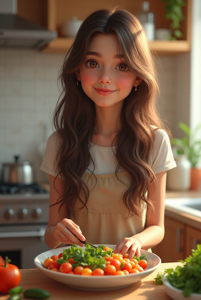 Create an avatar of a brunette girl with brown eyes and long brown hair in a kitchen preparing healthy food.