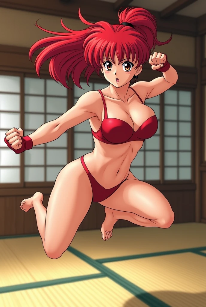 "A vibrant and dynamic scene featuring Ranma Saotome in her female Ranma ½ form. She is depicted wearing very skimpy lingerie, showing off her round buttocks and firm breasts. Her hair is tied in a high ponytail and is bright red and He wears a Chinese-style ponytail with some loose strands that frame his determined expression. The background presents a traditional Japanese dojo environment, with tatami mats and wooden walls. Ranma is in an action pose, in the middle of a jump, while "He prepares for a martial arts move, displaying his agility and strength. The image captures a playful yet intense atmosphere, highlighting Ranma's unique combination of beauty, strength and determination."
