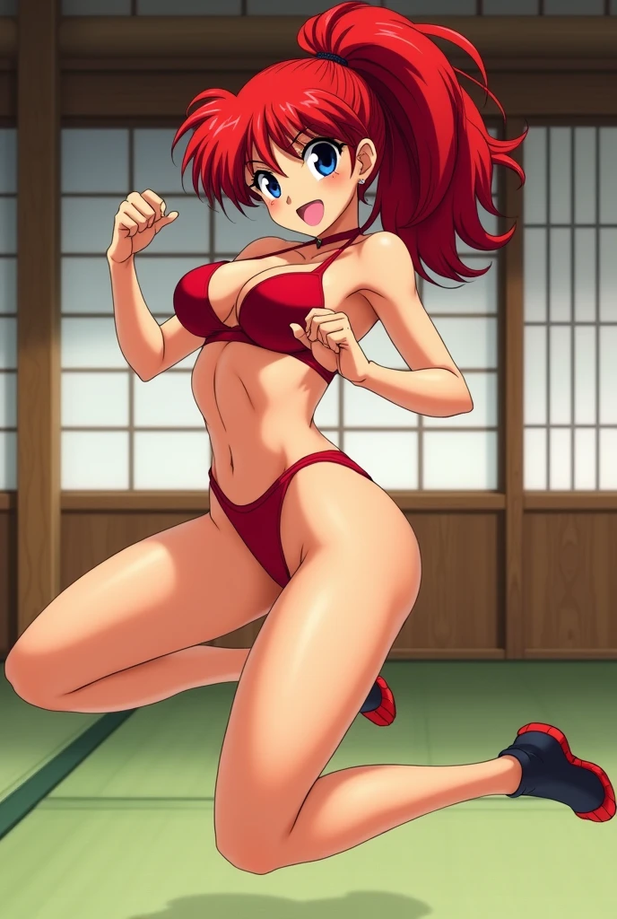 "A vibrant and dynamic scene featuring Ranma Saotome in her female Ranma ½ form. She is depicted wearing very skimpy lingerie, showing off her round buttocks and firm breasts. Her hair is tied in a high ponytail and is bright red and He wears a Chinese-style ponytail with some loose strands that frame his determined expression. The background presents a traditional Japanese dojo environment, with tatami mats and wooden walls. Ranma is in an action pose, in the middle of a jump, while "He prepares for a martial arts move, displaying his agility and strength. The image captures a playful yet intense atmosphere, highlighting Ranma's unique combination of beauty, strength and determination."