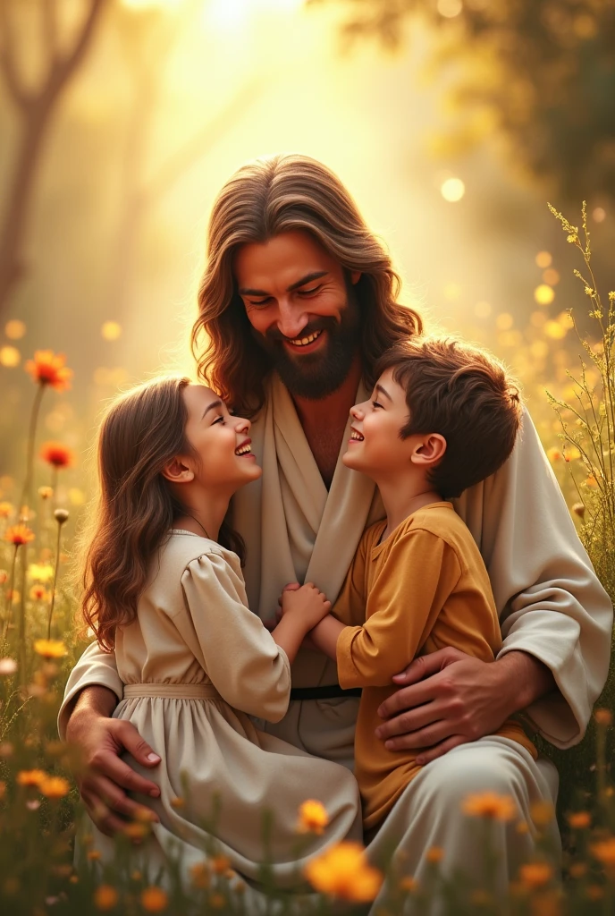 Could you generate me an image of Jesus with two children?, a girl and a boy, with the phrase HAPPY CHILDREN'S DAY in Spanish that is noticeable , but for children