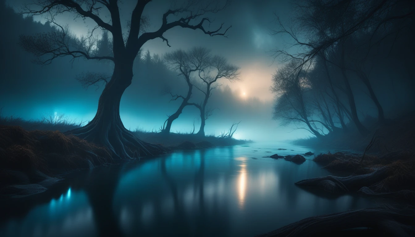a mysterious thick fog in the dark magic river, moody dramatic lighting, dark fantasy landscape, gloomy atmospheric, fog mist, eerie glowing water, twisted dark trees, surreal dream-like, ultra-detailed,dark fantasy art,dramatic lighting,deep blue tones,cinematic mood