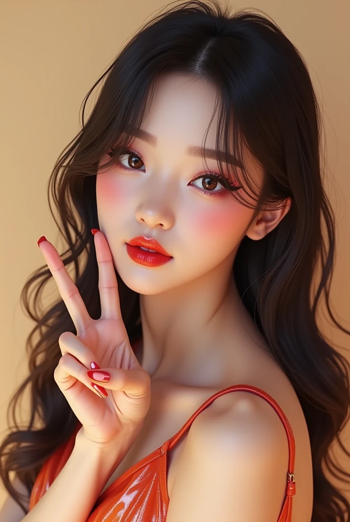 Asian girl that looks like karina from aespa posing with a peace sign wearing egirl makeup realistic