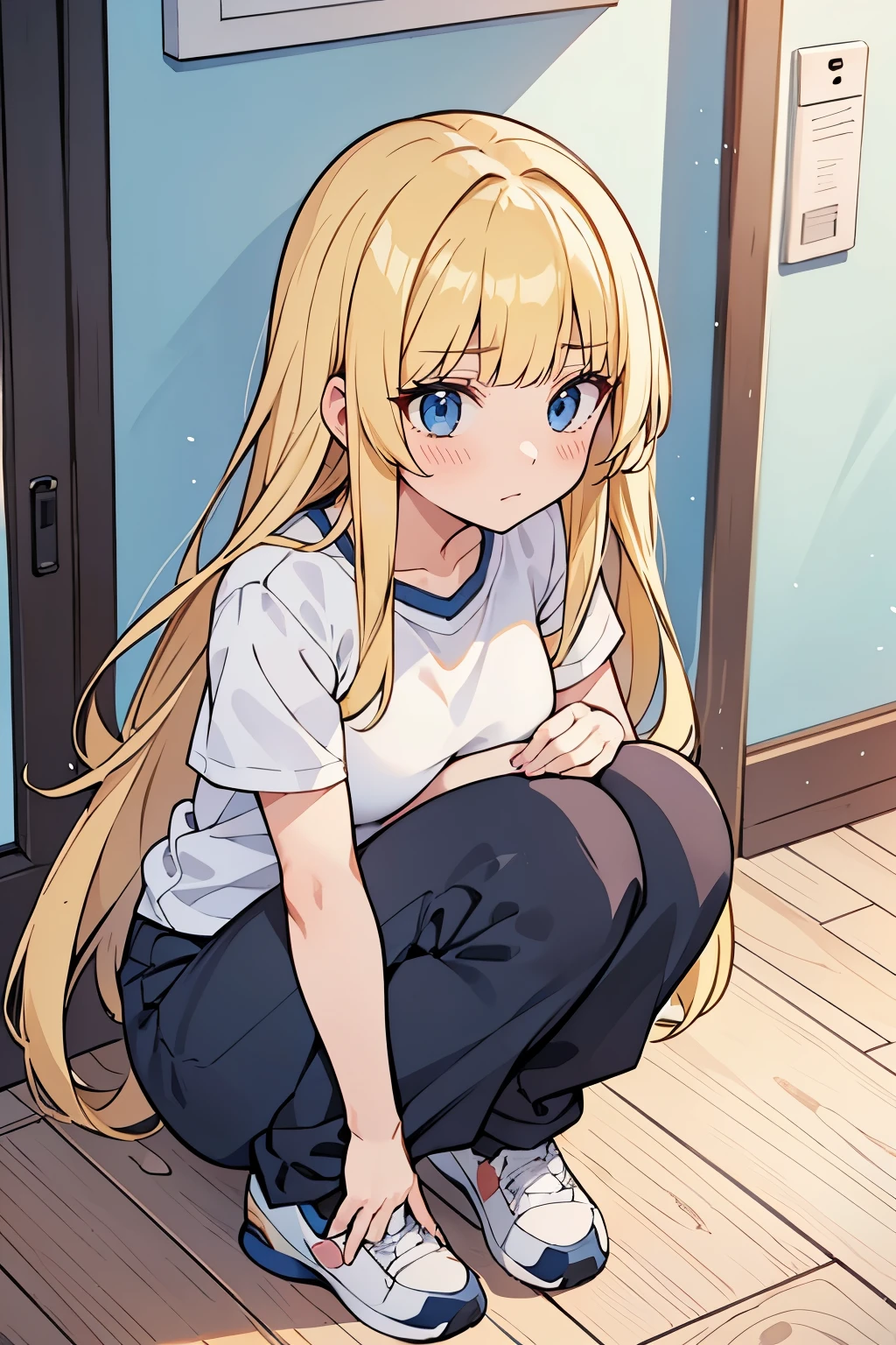 Young adult girl, best quality, 1 girl, female figure, yellow hair, blunt bangs, extra long hair, crystal blue eyes, golden blonde hair, cowboy shot, voluminous disheveled hair, wavy hair, cute girl, (medium small breasts), (young female body: 1.4) sitting knees up, embarrassed girl, looking from above, pressing legs together, humiliated expression , insecure, school locker room, school gym uniform, black long jogging pants, white tshirt, oversized white t shirt, sitting on the floor, back against wall, knees up, squatting, crouching down, blue trainer shoes, hugging knees, arms around legs