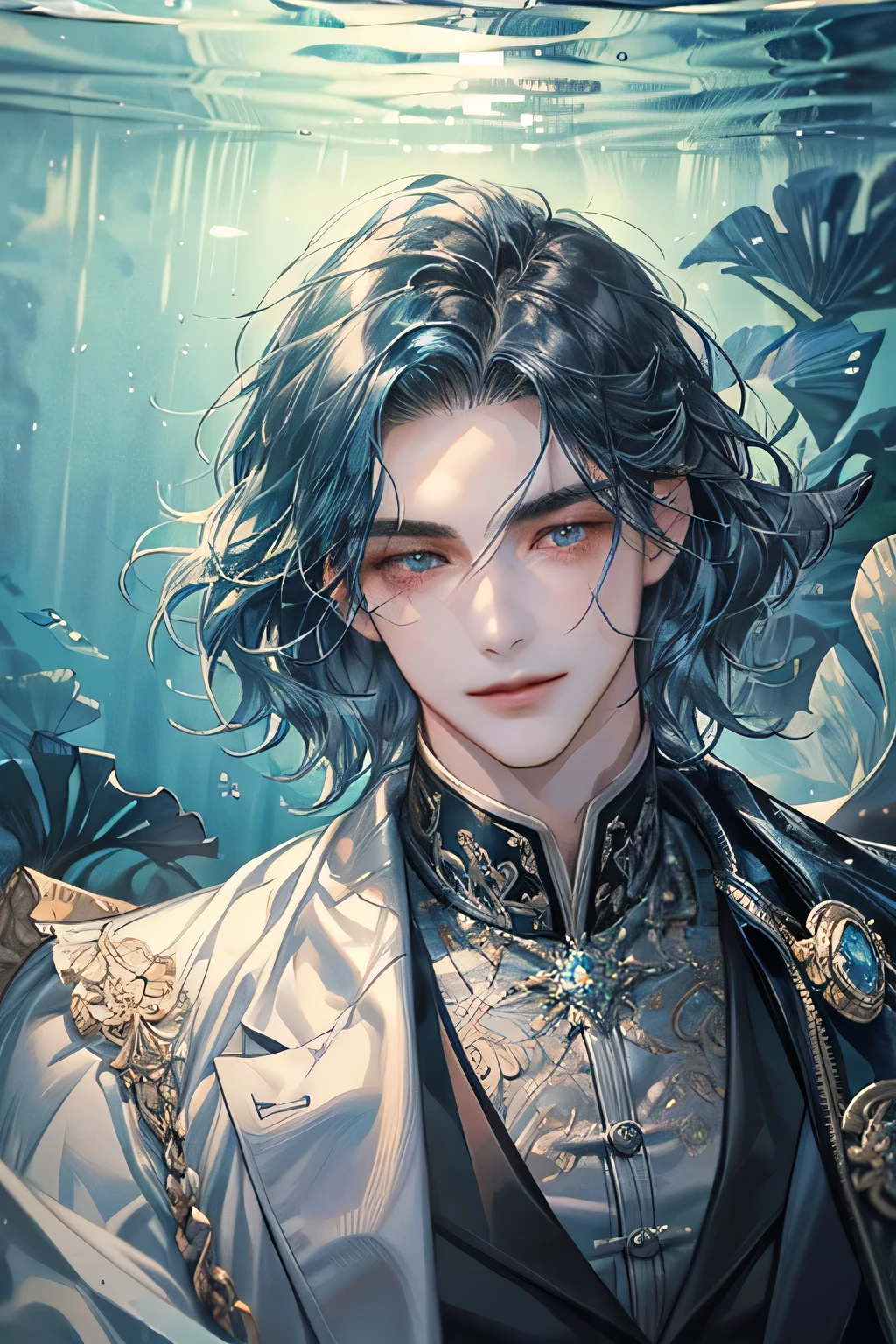 1man, short blue wavy hair, merman style, masterpiece, best quality, realistic, masculine and charming, 29 years old, white eyes, serious, extremely detailed face, smile,, ((short- wavy left swept hair)), [ eyebrows], black suit, under the sea, accurate, detailed