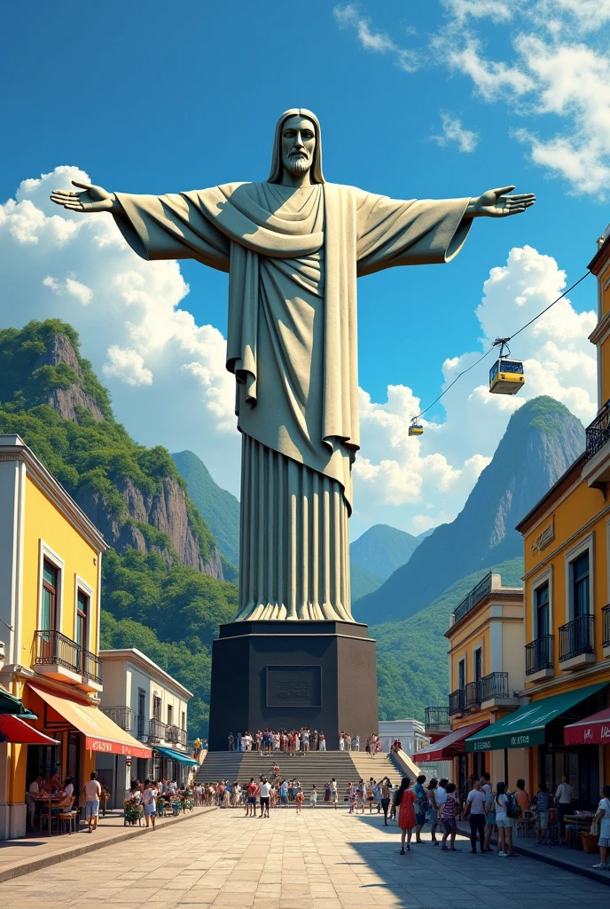 Create a drawing of Christ the Redeemer as seen from the Copacabana sidewalk, Sugarloaf Mountain and the cable car