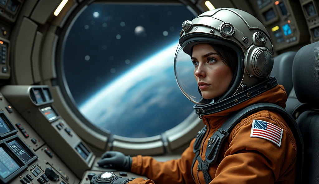 Dépeint une scène d’exploration spatiale immersive mettant en avant une femme astronaute expérimentée à l’intérieur d’un cockpit futuriste. La femme, vêtue d’une combinaison spatiale d’un ton marron, arbore un casque de pilote avec des détails métalliques brillants. Un écusson américain est visible sur sa manche gauche, indiquant son affiliation. Son expression est concentrée et déterminée, soulignant son rôle de pilote de vaisseau spatial. Le cockpit est richement détaillé avec des commandes complexes, des écrans, et des jauges qui montrent un environnement à haute technologie. À travers la verrière du cockpit, un espace sombre et mystérieux se dévoile avec des planètes lointaines et des étoiles scintillantes, renforçant l’atmosphère de l’aventure interstellaire. L’éclairage dans la scène est doux mais suffisamment accentué pour montrer les textures et les détails des matériaux, tant sur la combinaison que sur les surfaces du cockpit.