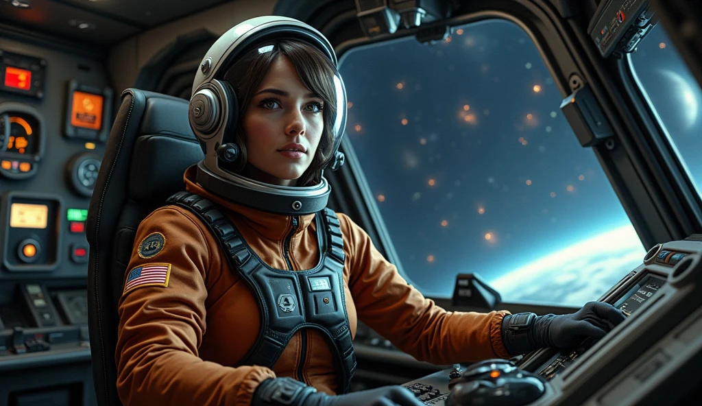 Dépeint une scène d’exploration spatiale immersive mettant en avant une femme astronaute expérimentée à l’intérieur d’un cockpit futuriste. La femme, vêtue d’une combinaison spatiale d’un ton marron, arbore un casque de pilote avec des détails métalliques brillants. Un écusson américain est visible sur sa manche gauche, indiquant son affiliation. Son expression est concentrée et déterminée, soulignant son rôle de pilote de vaisseau spatial. Le cockpit est richement détaillé avec des commandes complexes, des écrans, et des jauges qui montrent un environnement à haute technologie. À travers la verrière du cockpit, un espace sombre et mystérieux se dévoile avec des planètes lointaines et des étoiles scintillantes, renforçant l’atmosphère de l’aventure interstellaire. L’éclairage dans la scène est doux mais suffisamment accentué pour montrer les textures et les détails des matériaux, tant sur la combinaison que sur les surfaces du cockpit.